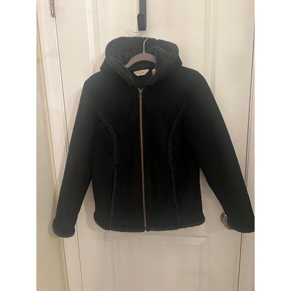 L.L. Bean Women's M Faux Suede Sherpa Hooded Zip Up Coat Jacket Black Academia